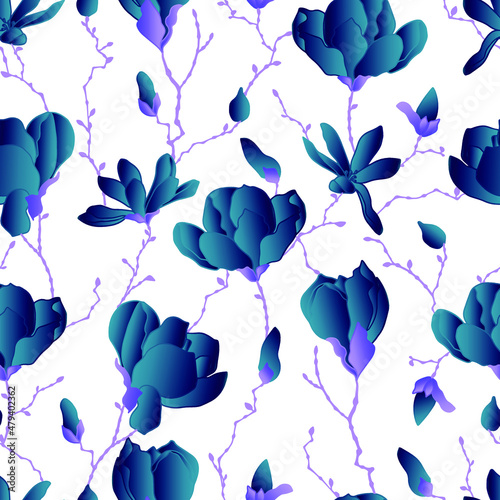 vector seamless patterns of magnolia flowers with branches and leaves. Botanical illustration for wallpaper, textile, fabric, clothing, paper, postcards