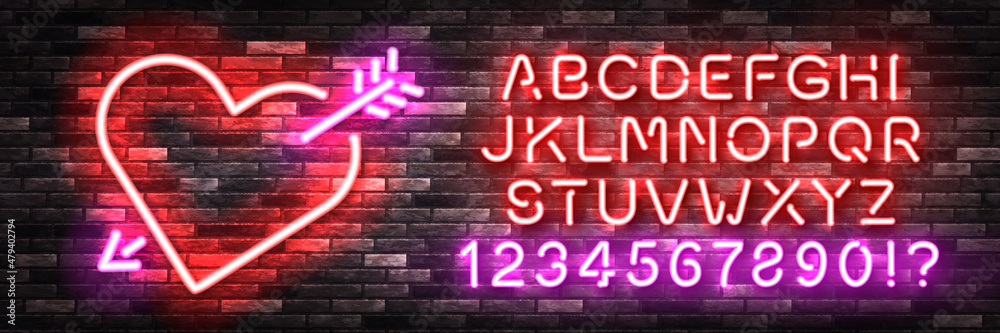 Vector realistic isolated neon sign of Heart logo with easy to change color alphabet font for invitation template on the wall background. Concept of Valentine's Day.