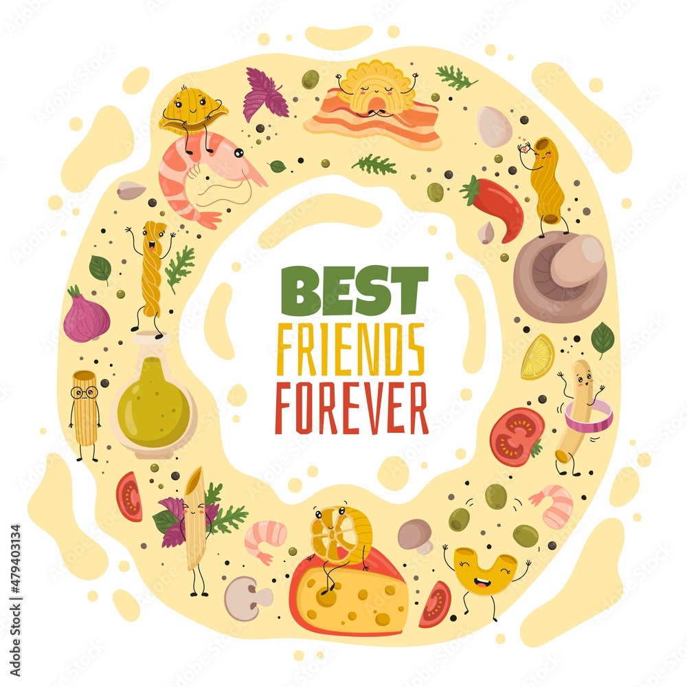 Fototapeta premium Italian pasta characters card. Funny comic food ingredients, cute faces, hands and feet, smiling products, happy dry meal, raw spaghetti with cheese vector cartoon flat isolated concept