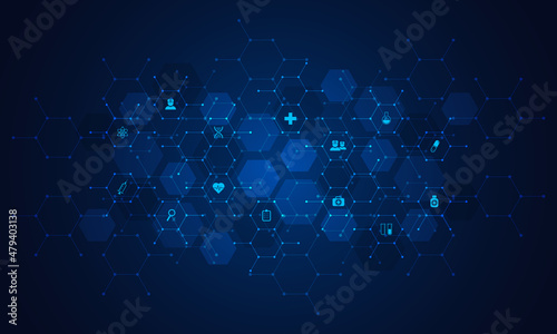 Healthcare and technology concept with flat icons and symbols. Template design for health care business, innovation medicine, pharmaceutical industry, science, medical research.