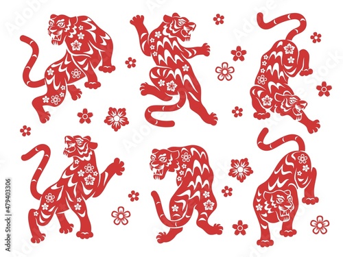 Chinese new year tiger. Asian horoscope animal, red decorative silhouettes in different poses, traditional graphics symbols collection, holiday zodiac signs and flowers, vector isolated set