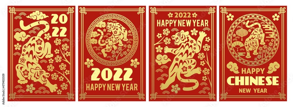 Chinese new year tiger posters. Traditional greeting cards, gold silhouette animals and flowers with ornament on red background, asian decorative graphics, vector festive holiday banners set - obrazy, fototapety, plakaty 