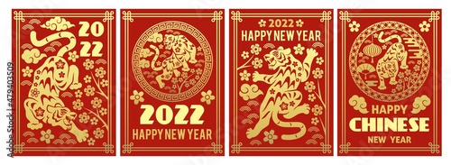 Chinese new year tiger posters. Traditional greeting cards, gold silhouette animals and flowers with ornament on red background, asian decorative graphics, vector festive holiday banners set