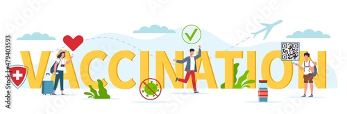 Big word tiny people. World vaccination, new opportunities, removing restrictions, happy travelers with green certificates, covid-19 vaccine, men and women with code, vector concept