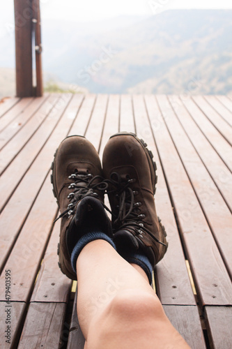 hiker boots on bridge
