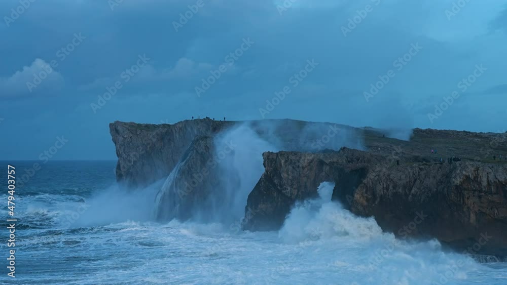 Wind storm and waves in Los Bufones de Pria in the town of Llanes de Pría in the council of Llanes, Asturias, Spain, Europe Wind storm and waves in Los Bufones de Pria in the town of Llanes de Pría in the council of Llanes, Asturias, Spain, Europe
