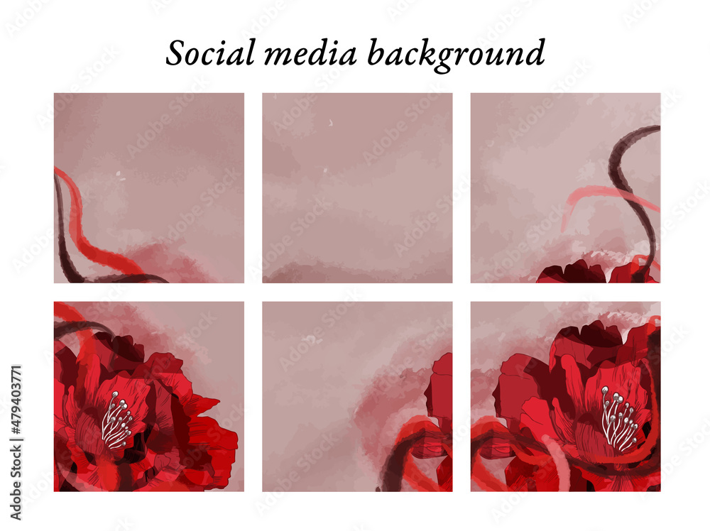 Plantillas de diseño para publicaciones en redes sociales de motivos florales de acuarela en tonos morados, rojos, rosa y morados, con espacio para texto e imágenes