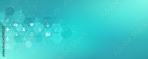 Medical background and healthcare technology with flat icons and symbols. Concept and idea for health care business, innovation medicine, health safety, science, medical research, and development.