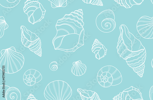Sea shells blue and white seamless vector background, Ocean pattern, marine seashell print, underwater theme