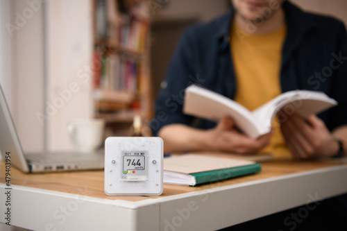 CO₂ sensor monitor. Indoor air quality sensor. Healthy work environment. Work from home and study at home. Control proper ventilation in your levels airflow in the room. Carbon dioxide levels.