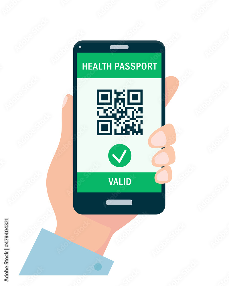 Hand holding smartphone with Health Passport QR-code on the screen. Covid-19 immune passport. Digital vaccine certificate or test result. Safe travelling concept flat vector illustration. Hand holding smartphone with Health Passport QR-code on the screen. Covid-19 immune passport. Digital vaccine certificate or test result. Safe travelling concept flat vector illustration.