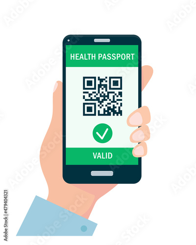 Hand holding smartphone with Health Passport QR-code on the screen. Covid-19 immune passport. Digital vaccine certificate or test result. Safe travelling concept flat vector illustration.