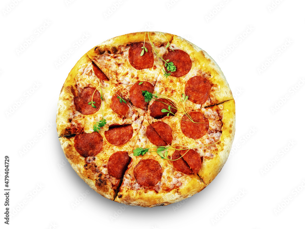 pepperoni pizza with greens isolated on white background, for menu or advertising projects, top view, copyspace pepperoni pizza with greens isolated on white background, for menu or advertising projects, top view, copyspace