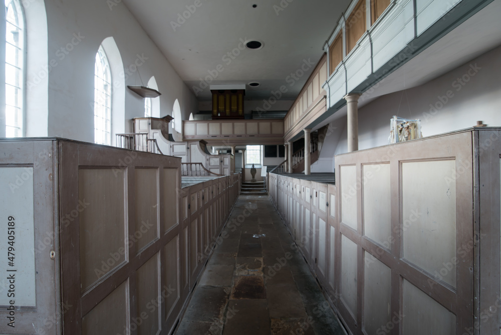 View of the elevated benches of the St Stephen Old Church, Fylingdales, North Yorkshire, United Kingdom.