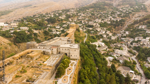 Historical UNESCO protected town of Gjirocaster with a castle on the top of the hill, Southern Albania. Panoramic photo