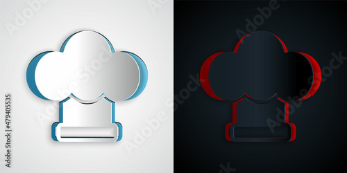 Paper cut Chef hat icon isolated on grey and black background. Cooking symbol. Cooks hat. Paper art style. Vector