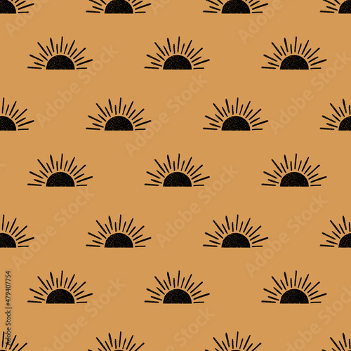 Sun pattern repeat wood carving illustration block printing design background texture. Vector illustration. Great for kids, outdoor adventure lovers and home decor projects. Surface pattern design.
