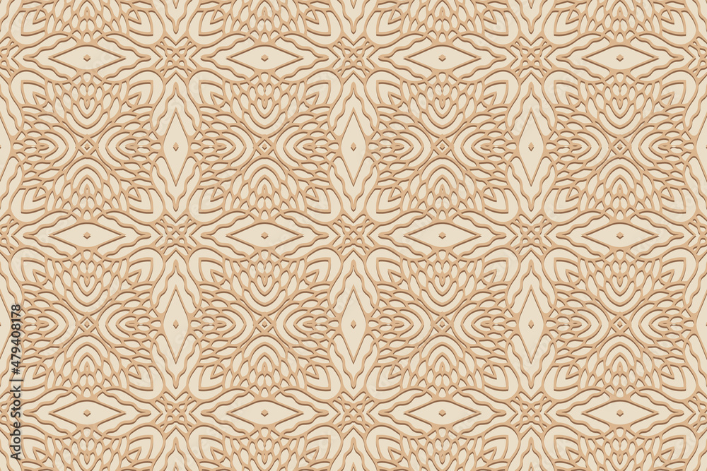 Artistic embossed beige background, cover design. Stylish geometric 3D pattern with handmade elements. Ethnic creativity of the peoples of the East, Asia, India, Mexico, Aztec. Artistic embossed beige background, cover design. Stylish geometric 3D pattern with handmade elements. Ethnic creativity of the peoples of the East, Asia, India, Mexico, Aztec.