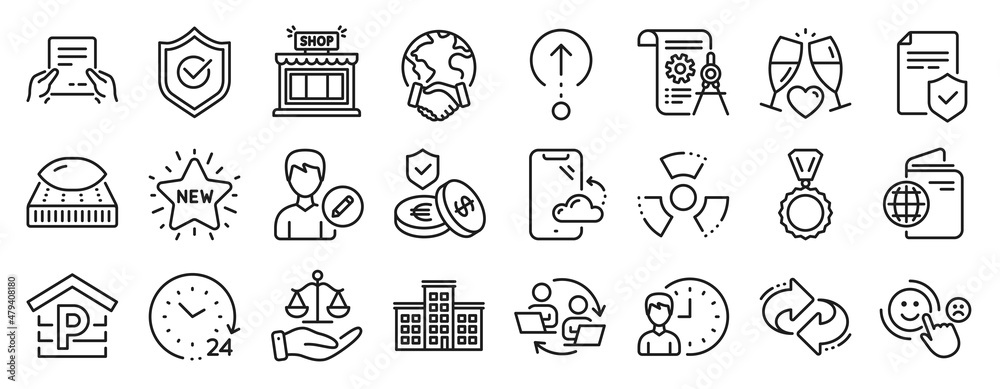 Set of Business icons, such as Divider document, Customer satisfaction, Working hours icons. Savings insurance, 24 hours, Receive file signs. Justice scales, Edit person, Parking. Mattress. Vector