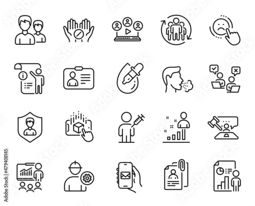 Vector set of Online voting, Eye drops and Security agency line icons set. Dislike, Augmented reality and Stats icons. Medical tablet, Business report and Cough signs. Online voting web symbol. Vector