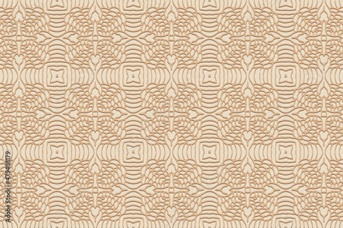 Openwork abstract embossed beige background, cover design. Stylish geometric 3D pattern with handmade elements. Ethnic creativity of the peoples of the East, Asia, India, Mexico, Aztec.