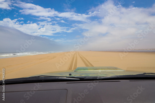 View while driving the yellow sandy beach