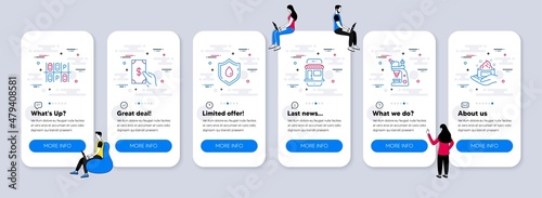 Line icons set. UI phone app screens with teamwork. Included icon as Blood donation, Receive money, Microscope signs. Parking place, Marketplace, Skin care line icons. Vector