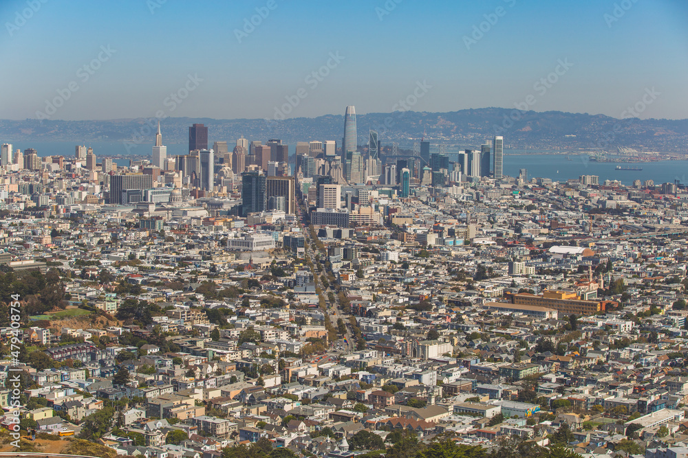 San Francisco's downtown buildings and Market St. viewed from the Twin Peaks, California.