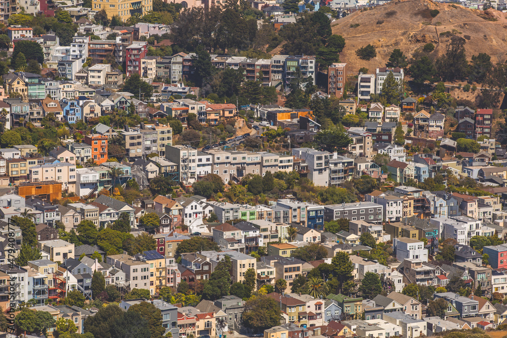 Houses of Ashbury Heights neighborhood in San Francisco, California viewed from the Twin Peaks