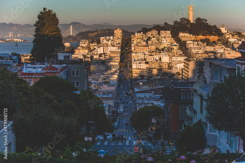 North Beach, Coit Tower, and the residential area of Telegraph Hill, photographed from the top of iconic Lombard Street in the Russian Hill, in San Francisco, California on the afternoon