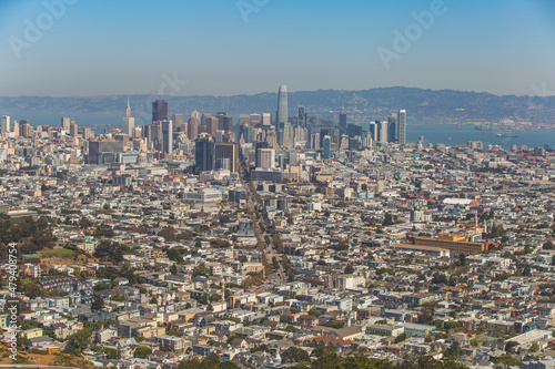 San Francisco's downtown buildings and Market St. viewed from the Twin Peaks, California.