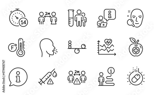 Healthcare icons set. Included icon as Capsule pill, Medical food, Medical analyzes signs. Balance, Vaccine attention, Face search symbols. Cough, Social distancing, Social distance. Vector