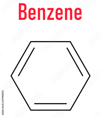 Benzene or Cyclohexatriene aromatic hydrocarbon molecule. Important in petrochemistry, component of gasoline. Skeletal formula.