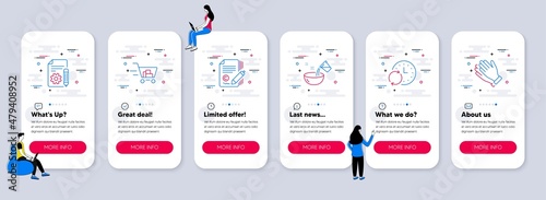 Set of line icons, such as Cooking water, Copywriting, Documentation icons. UI phone app screens with teamwork. Update time, Shopping cart, Clapping hands line symbols. Vector