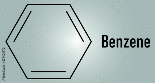 Benzene or Cyclohexatriene aromatic hydrocarbon molecule. Important in petrochemistry, component of gasoline. Skeletal formula.