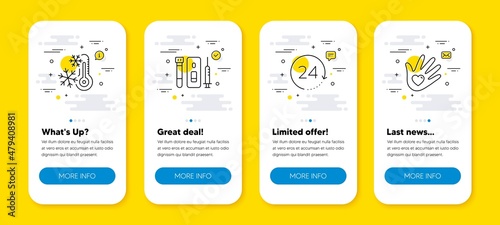 Vector set of Blood and saliva test, 24 hours and Freezing line icons set. UI phone app screens with line icons. Social responsibility icon. Coronavirus vaccine, Time, Air conditioning. Vector