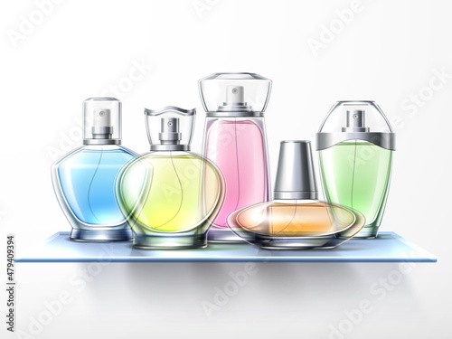 Realistic perfume shelf. 3D bottles with toilet water. Fragrance cosmetics spraying vials. Body colognes composition. Aromatic beauty products. Blank flasks for branding. Vector concept