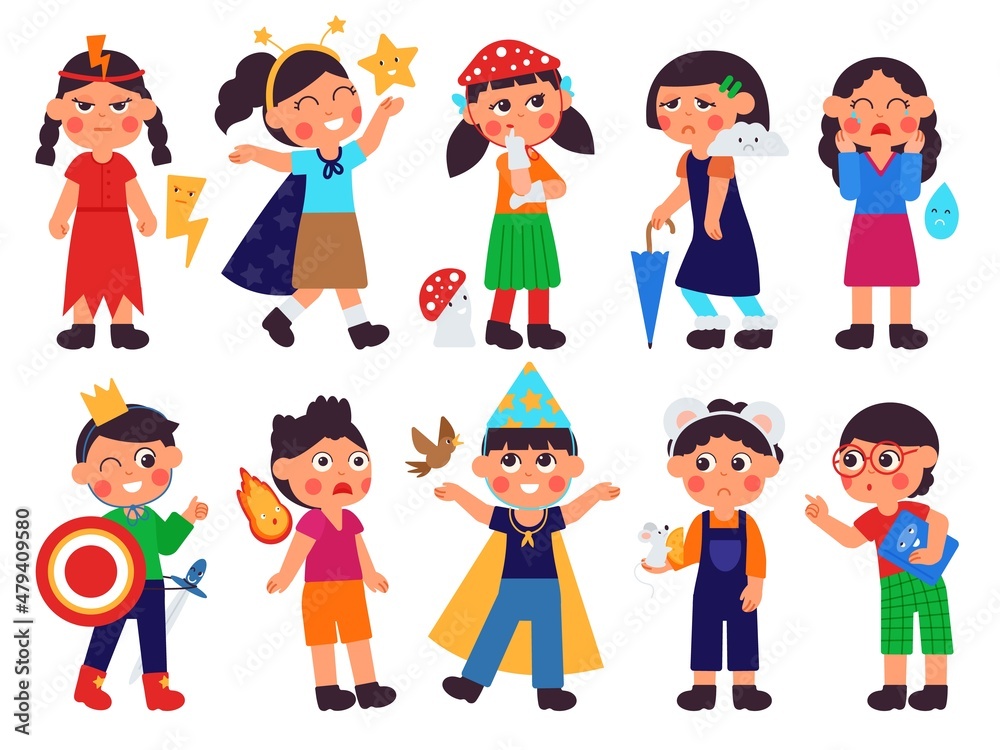 Emotional kids. Kawaii children emotion, cute kindergarten boys and girls expression. Cartoon child with tiny friends, birds, mushroom, star