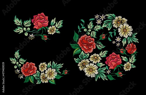 Decorative floral embroidery. Folk artwork, kimono embroidered bouquet. Vintage tribal flowers, roses and daisy with leaves, nowaday vector set