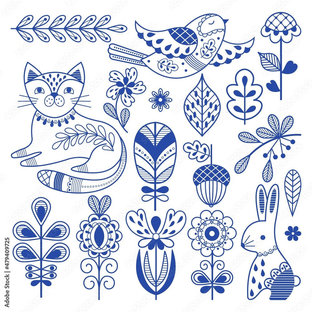 Blue folk finnish. Swedish design borders, ornament scandinavian folklore art. Rustic decor, nordic nature floral elements. Cat, bird and rabbit nowaday vector set - obrazy, fototapety, plakaty 