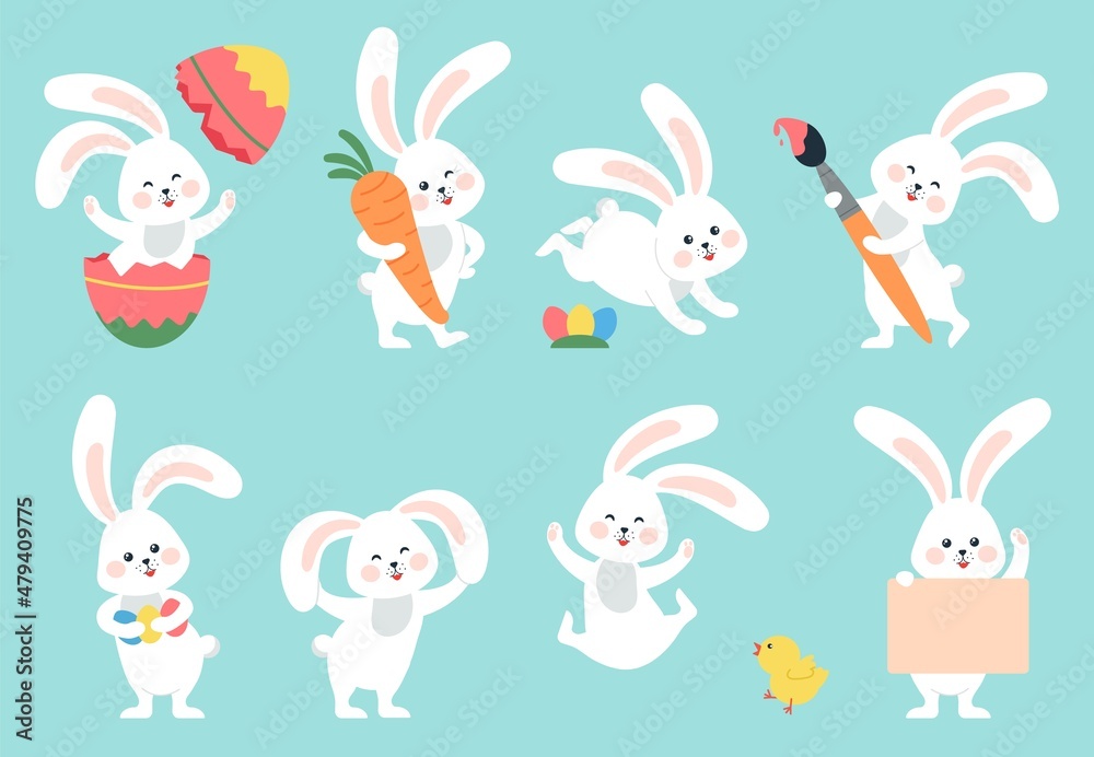 Cartoon easter bunny. Rabbit hiding, bunnies with eggs and flowers. Cute springtime characters, hare painted and chicken. Seasonal holidays decent vector animals Cartoon easter bunny. Rabbit hiding, bunnies with eggs and flowers. Cute springtime characters, hare painted and chicken. Seasonal holidays decent vector animals