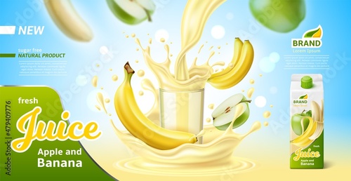 Fruit juice poster. Realistic mixed drink banner. Apple and banana with beverage splashes pouring in glass. Cardboard packaging design for branding. Healthy product. Vector concept