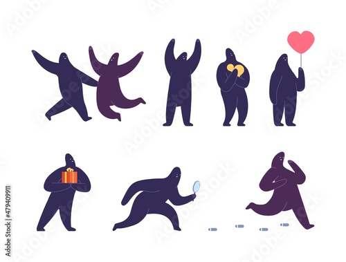 Abstract emotional characters. Isolated funny monster with love, gift box. Detective pursue criminal. Free shape person in different situations, vector set