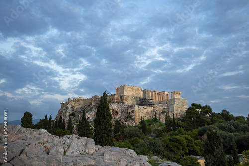 View of the city of Athens November 17  2021  Evening landscape  blue sky with clouds  soft light. Picturesque view from the hill to the old town.