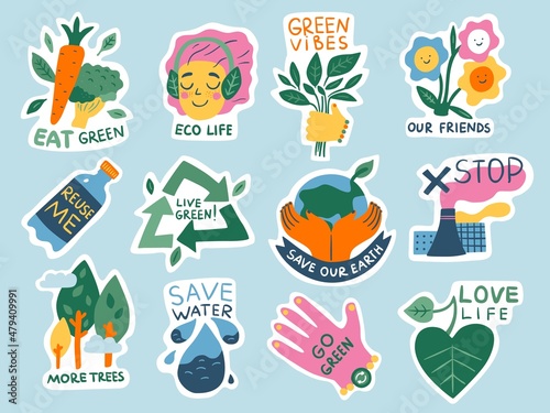 Ecology stickers. Green lifestyle. Eco and nature saving. Slogan and environment elements. Doodle style. Vegan eating. Stop pollution. Waste recycle. Vector Planet friendly labels set