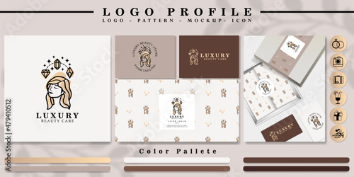 elegant woman head logo branding with pattern and icon set