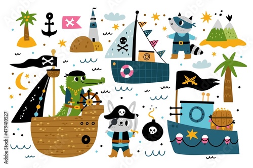 Cute pirate boat. Sailors characters. Animals mariners. Sailing ships. Captains with bandages and hats. Tropical islands. Anchor and skulls. Ocean waves. Vector nautical elements set