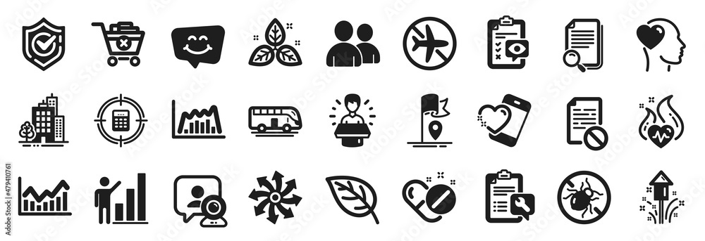 Set of Business icons, such as Flag, Spanner, Infochart icons. Graph chart, Cardio training, Medical pills signs. Bed bugs, Smile chat, Buildings. Bus tour, Heart, Users. Friend, Confirmed. Vector