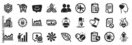 Set of Business icons, such as Flag, Spanner, Infochart icons. Graph chart, Cardio training, Medical pills signs. Bed bugs, Smile chat, Buildings. Bus tour, Heart, Users. Friend, Confirmed. Vector