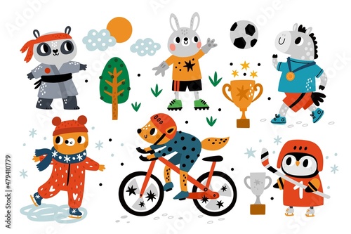 Sport animals. Cartoon athletes characters with equipment. Penguin playing hockey. Football or karate. Healthy lifestyle motivation. Fox on bicycle. Skiing and running. Vector sportsmen set